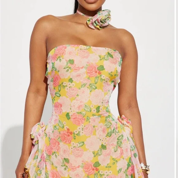 Tube top floral yellow green pink dress - Picture 3 of 6